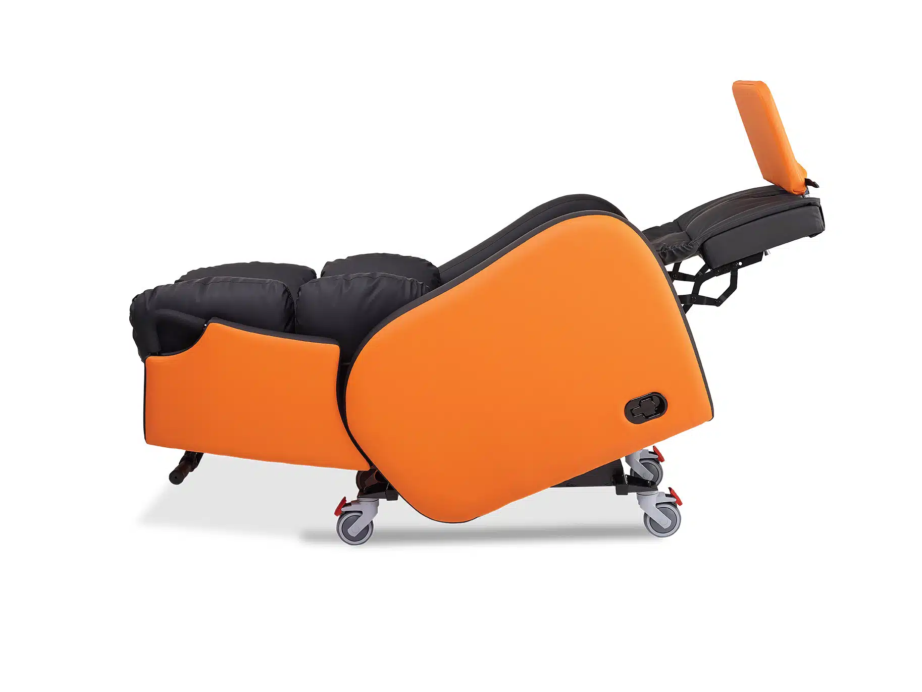 The Plymouth orange homecare chair while it is reclining